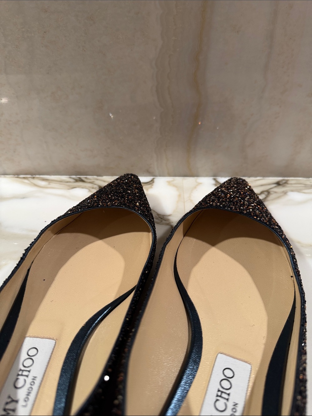 Jimmy Choo Black and Bronze Glitter Pointed-Toe Flats - Picture 9 of 10